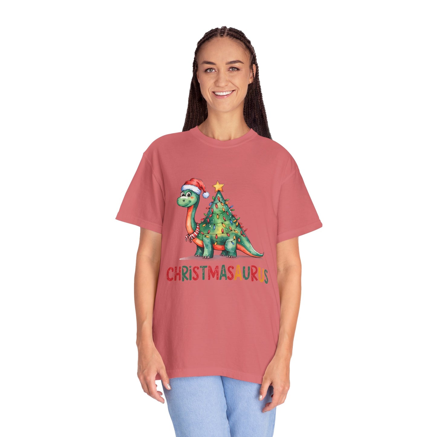 🦖 T-shirt unisexe teint en pièce « Happy Christmasaurus » - TC404